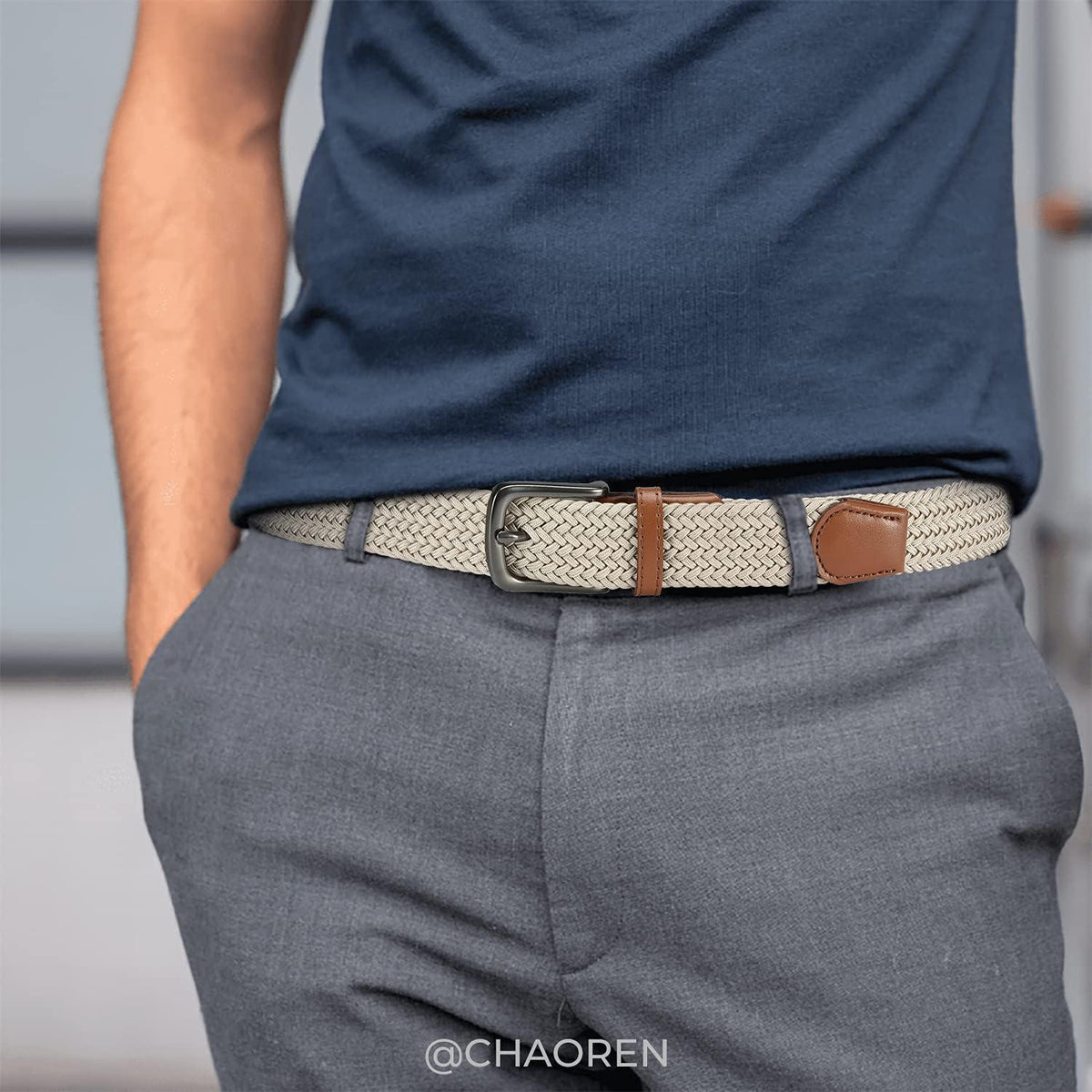 Elastischer Flechtgürtel Herren, Stoff ohne Löcher, 35mm, Beige