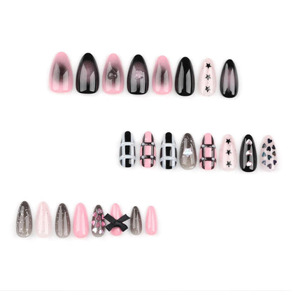 24 Stück 3D Schwarze Falschnägel mit Design & Gel-Kleber, Medium Almond Fake Nails