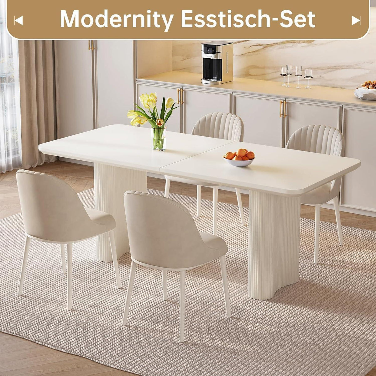 Weißer Esstisch Set mit 4 gepolsterten Stühlen – Modern & Platzsparend