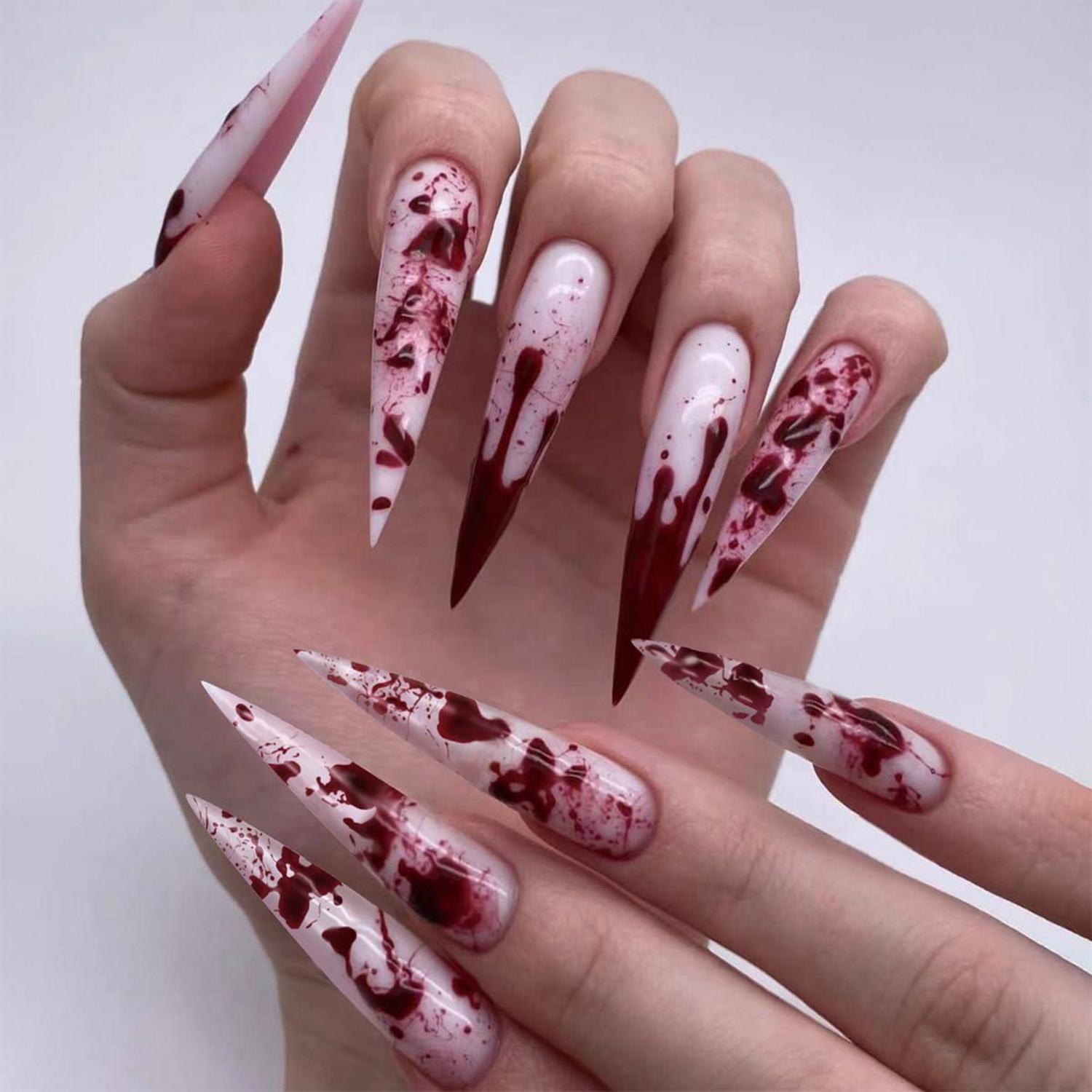 24 Stück Halloween Stiletto Press on Nägel Rot Blutdesign Vollüberzug