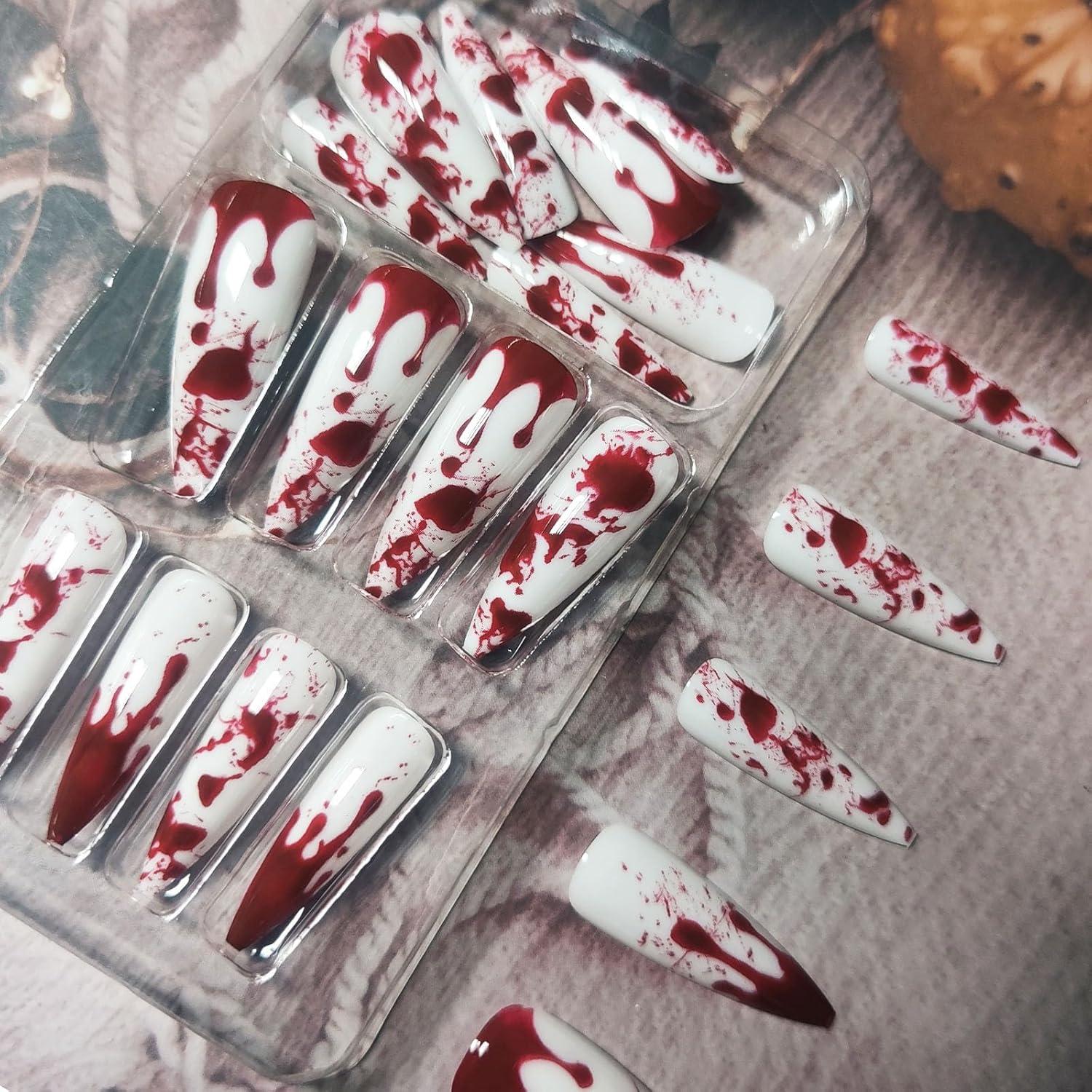 24 Stück Halloween Stiletto Press on Nägel Rot Blutdesign Vollüberzug