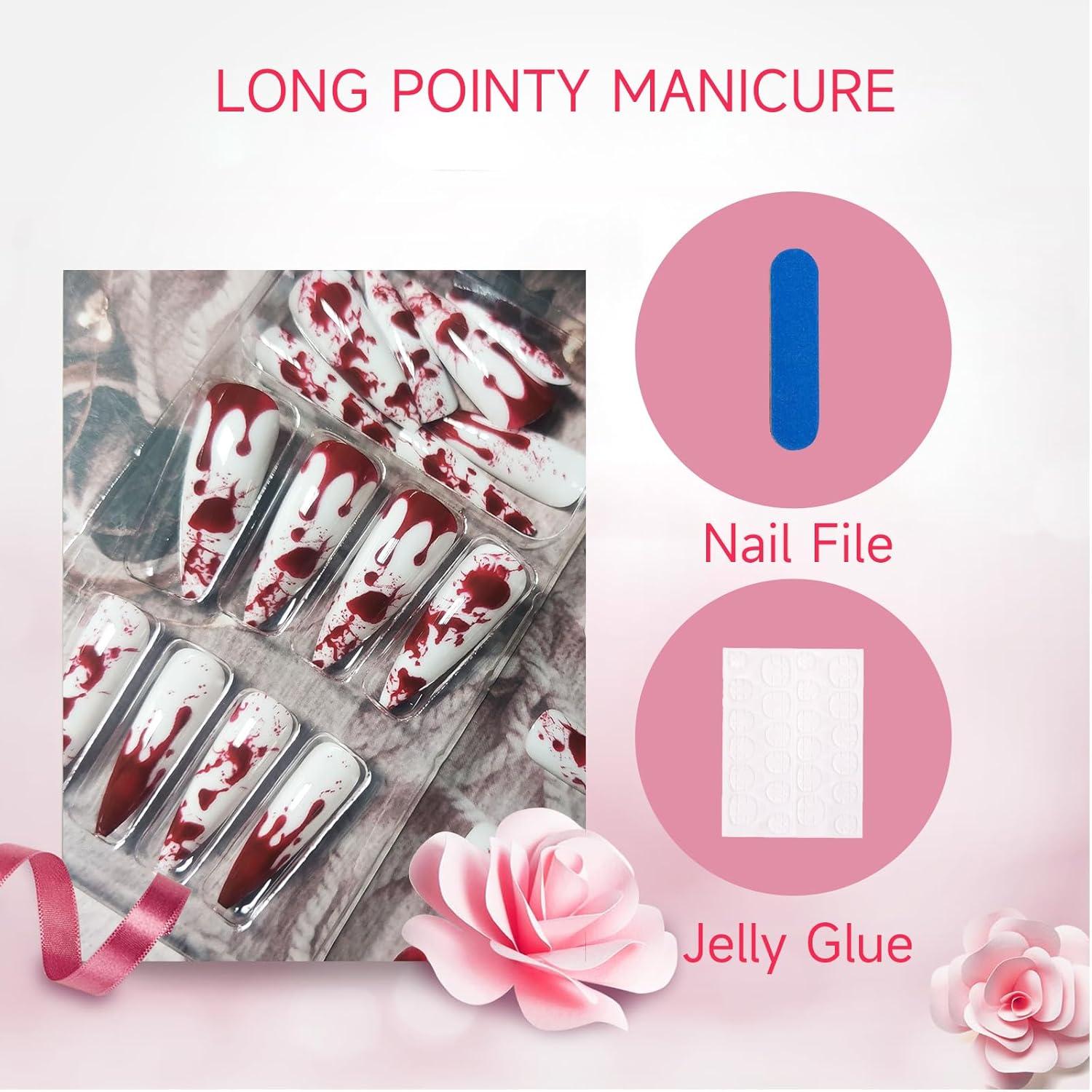 24 Stück Stiletto Halloween Fake Nails mit Blutdesign, Acrylnägel