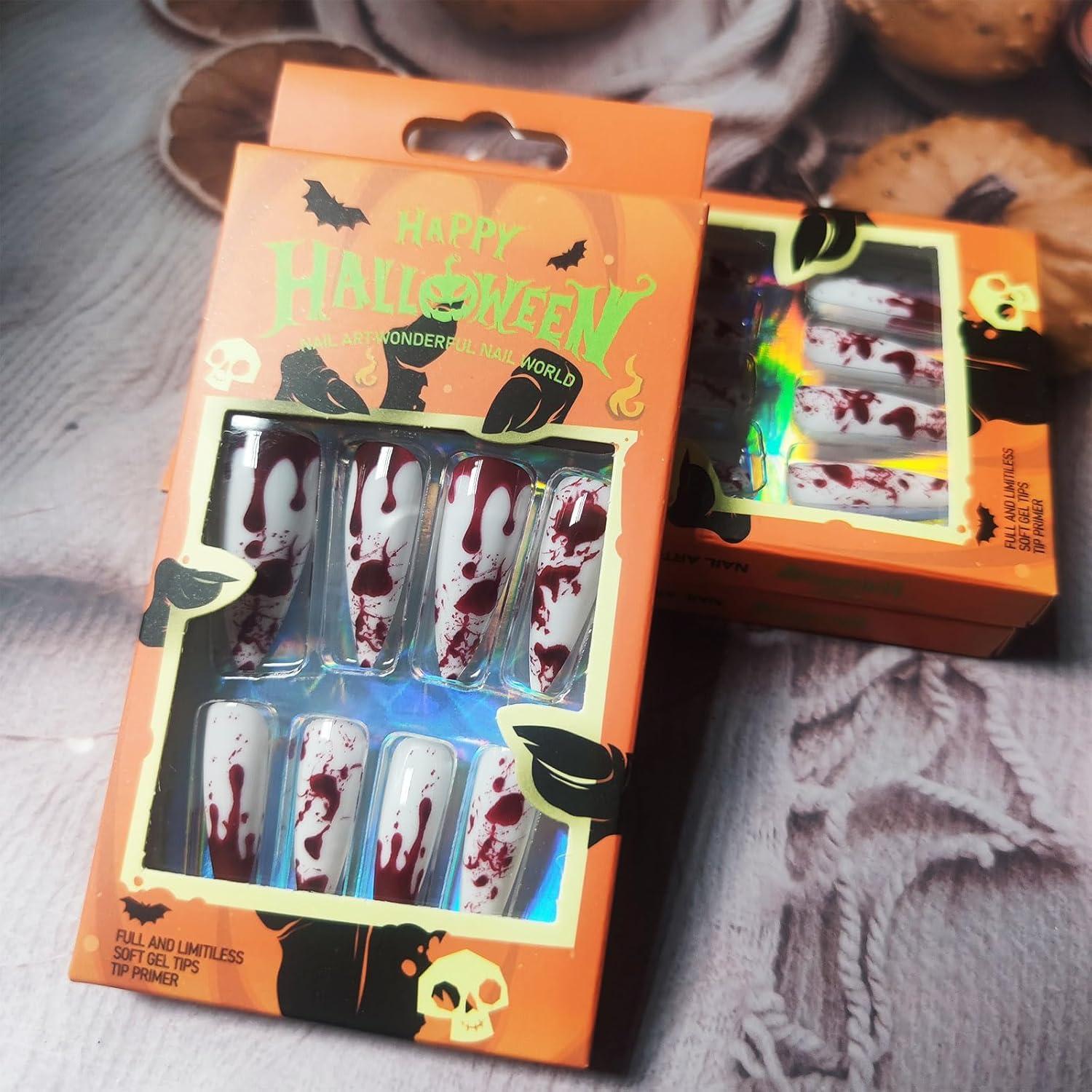 24 Stück Lange Stiletto Halloween Aufkleber Nägel Blutdesign