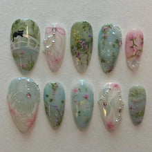 24er Set Medium Blau Grüne Acrylnägel mit Cat Flower Design