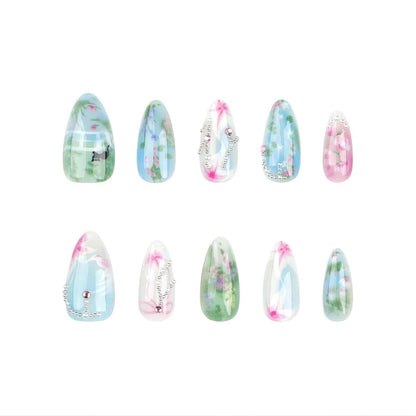 24 Stück Almond Press on Nails in Blau Grünen Farbtönen, Cat Flower Design