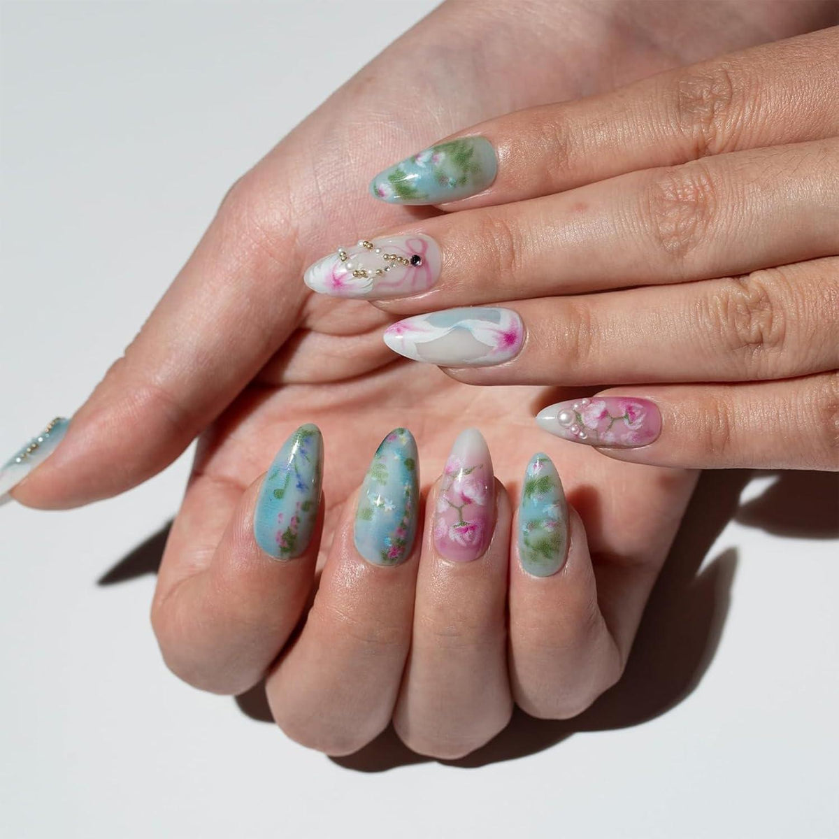 24 Stück Almond Fake Nails, Medium Blau Grün, Schleife Cat Flower