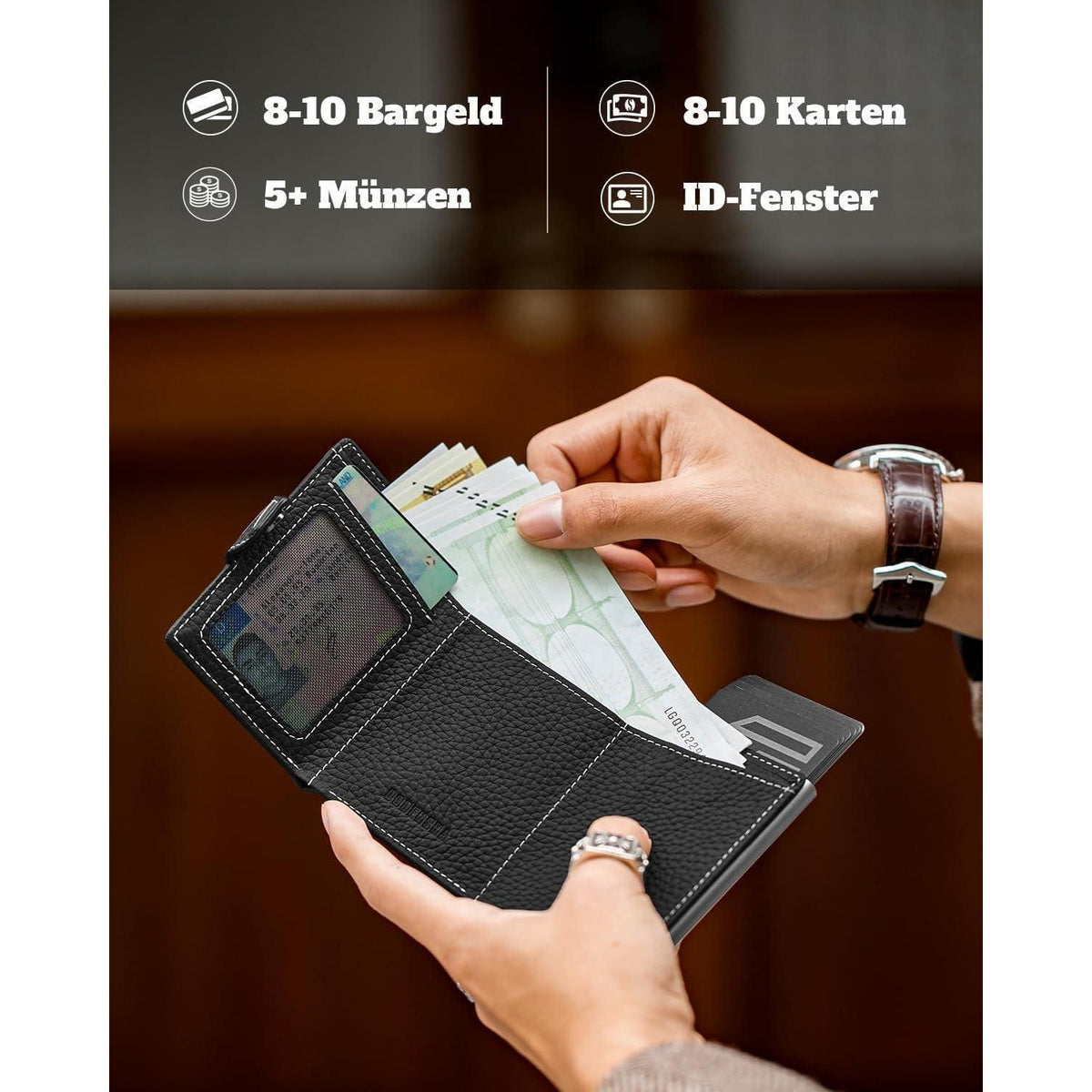 Smart Wallet mit Münzfach, RFID-Schutz, Leder, Schwarz Silber