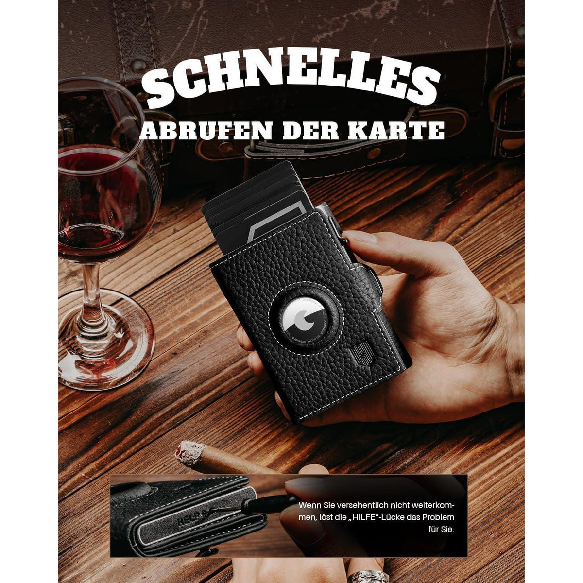 Smart Wallet mit Münzfach, RFID-Schutz, Leder, Schwarz Silber