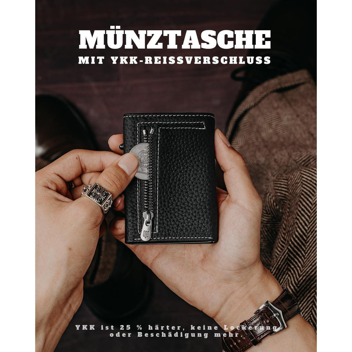 Smart Wallet mit Münzfach, RFID-Schutz, Leder, Schwarz Silber