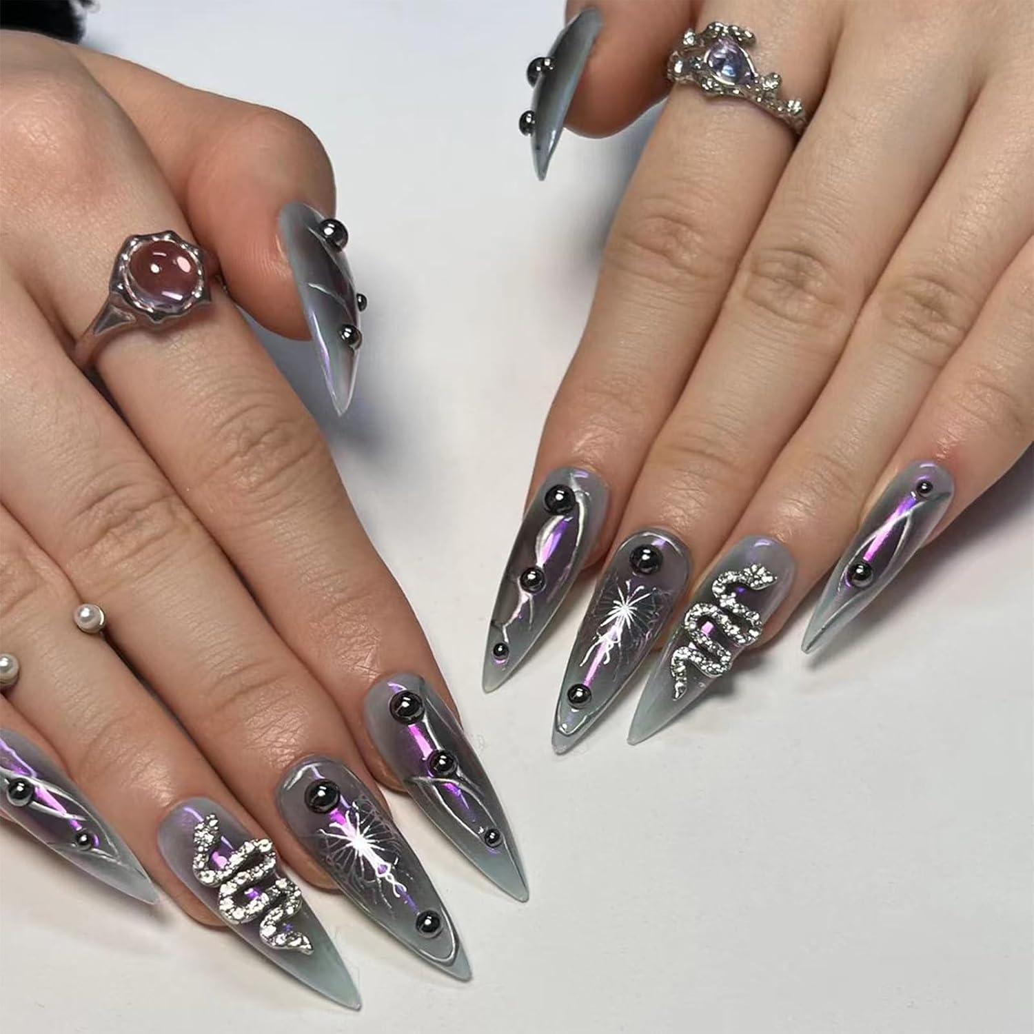 24er Set Lange Stiletto Press On Nägel Schwarz Ombre Goth mit Strass