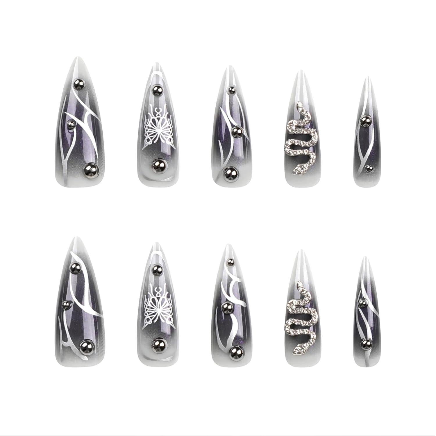 24 Stück Lange Stiletto False Nails Schwarz Ombre Gothic Design