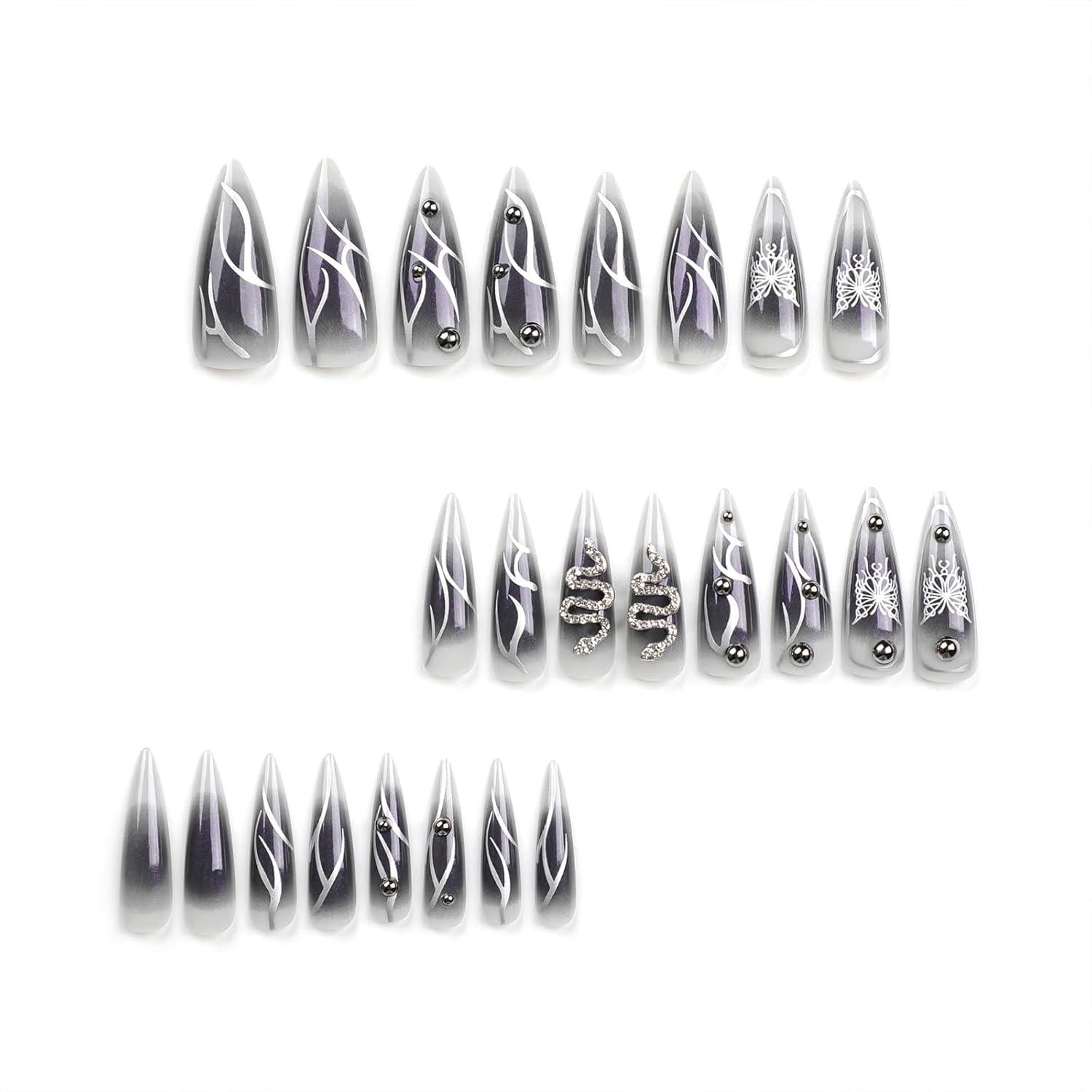 24 Stück Lange Stiletto Aufkleber Nägel, Goth Schwarz Ombre