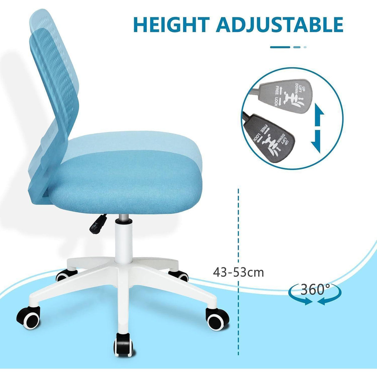 Ergonomischer Bürostuhl mit Netzrücken und Rollen, blau