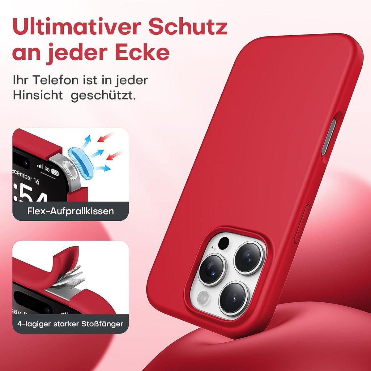 Silikon Hülle für iPhone 16 Pro Max, Rot, Stoßfest