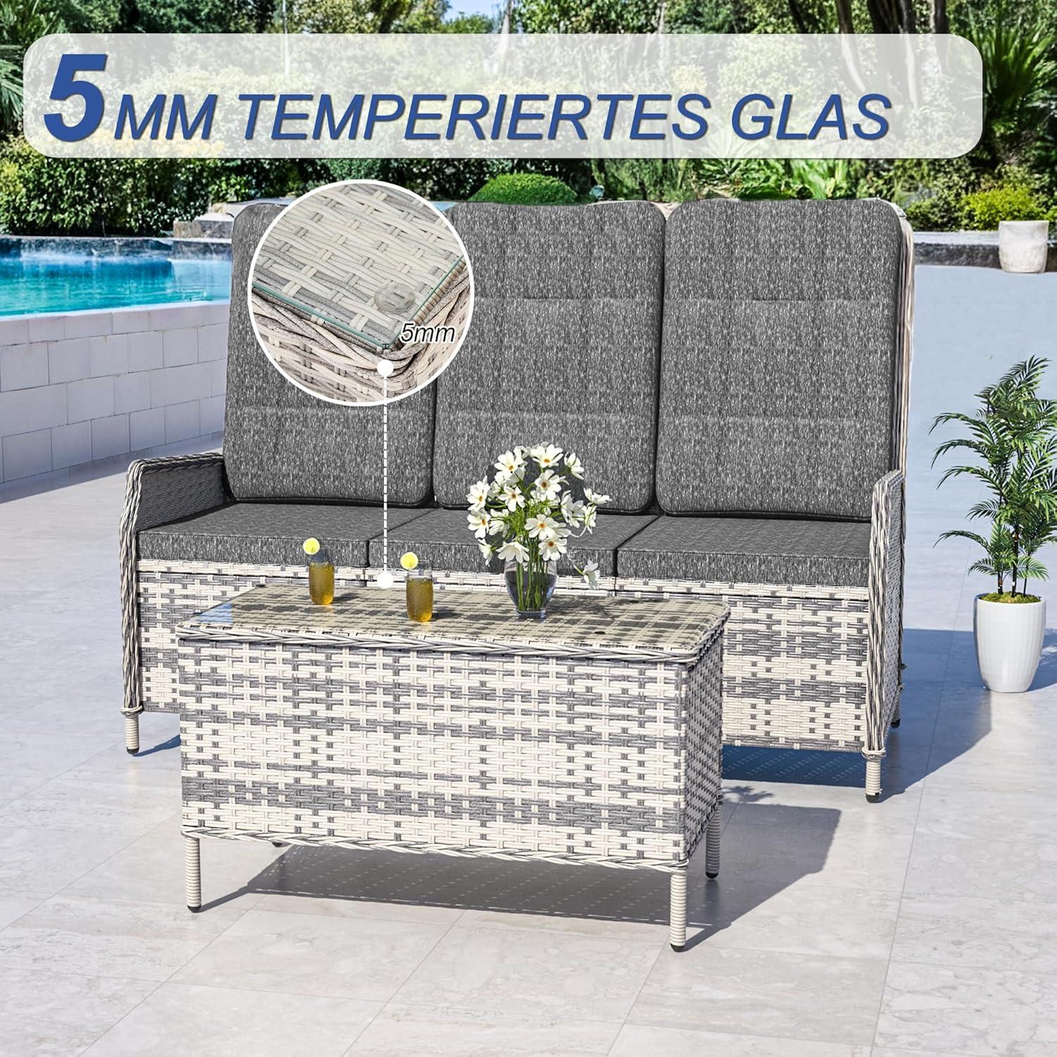 Polyrattan Lounge Set 3 Personen Gartenmöbel Tisch Sitzgruppe mit Verstellbarer