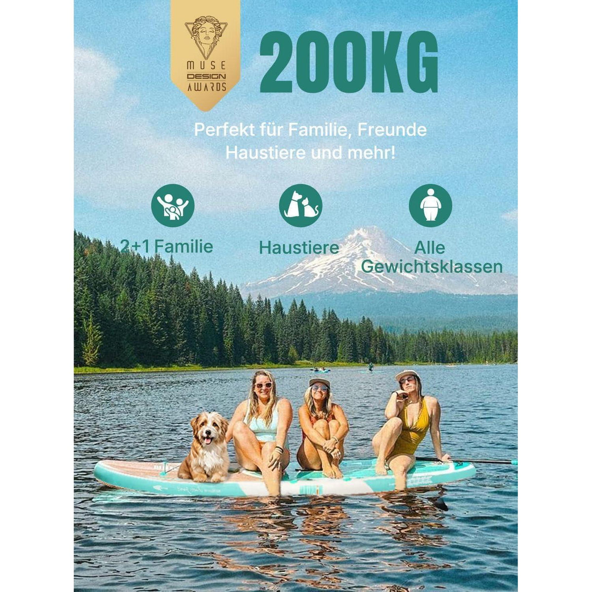 Aufblasbares Stand Up Paddle Board für Erwachsene, 320cm, 200kg Tragkraft, Cool Mint Wood