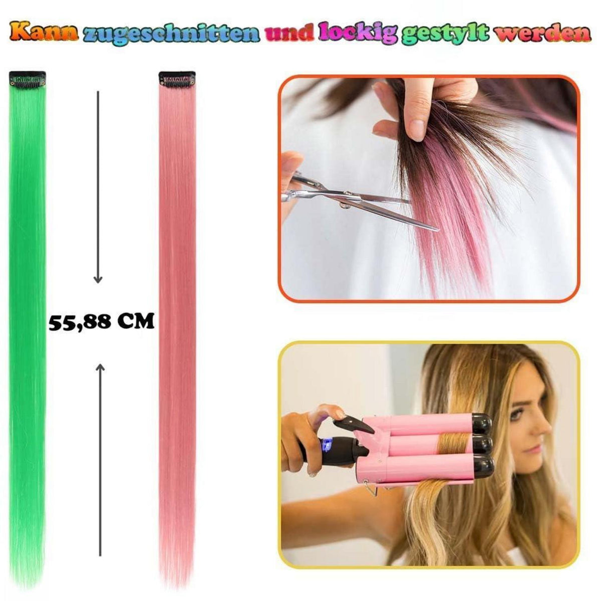 Clip-in Haarverlängerungen bunt, 32 Stück, 55 cm, hitzebeständig