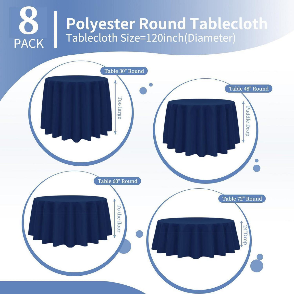 Runde Tischdecke Marineblau 305cm – 8er Set, Polyester, Waschbar