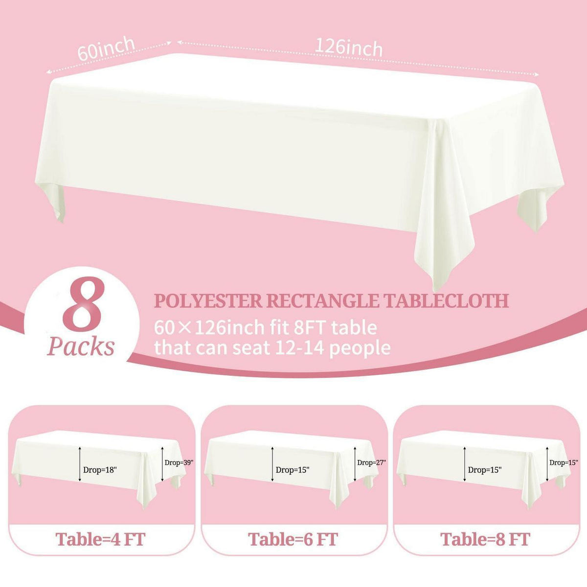 8x Elfenbein Tischdecken Rechteckig 153x320cm – Hochzeit, Bankett