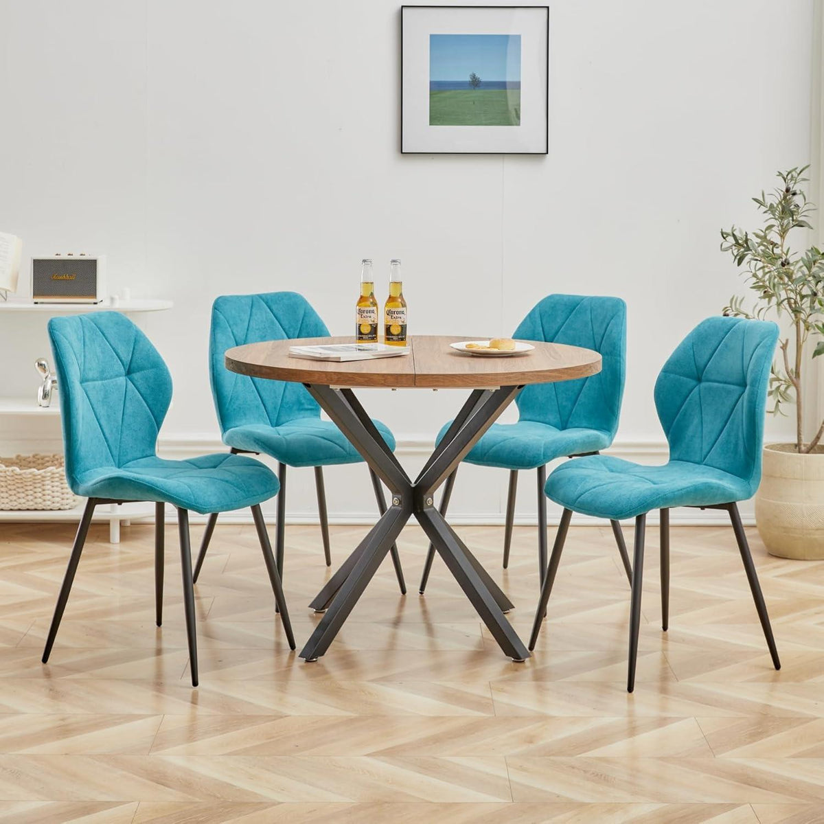 4er-Set Esszimmerstühle Modern Blau Gepolstert mit Rautenmuster