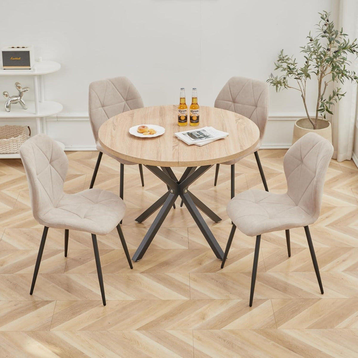 Moderner Esszimmerstuhl Set 4er – Gepolstert, Beige, Metallbeine