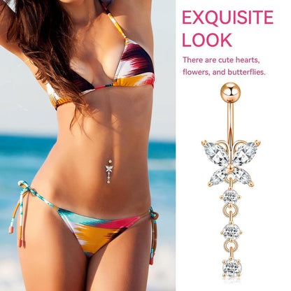 7er Set Bauchnabelpiercing Edelstahl Zirkonia Herz Pinkgold