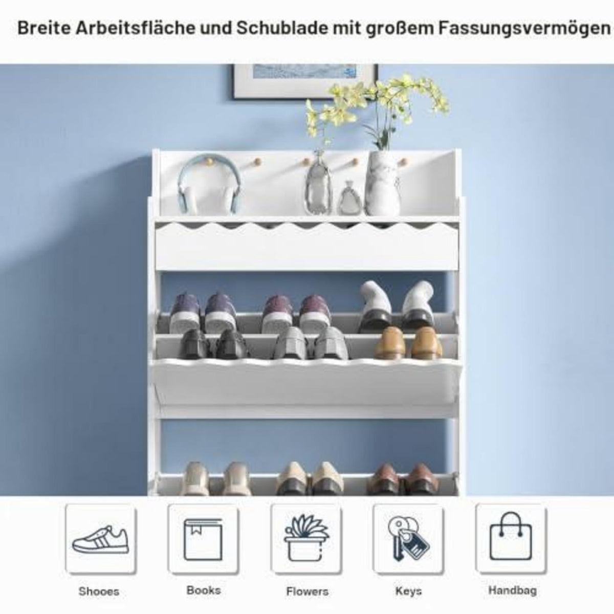 Schuhschrank Schmal mit Schublade & Klappfächern, Weiß