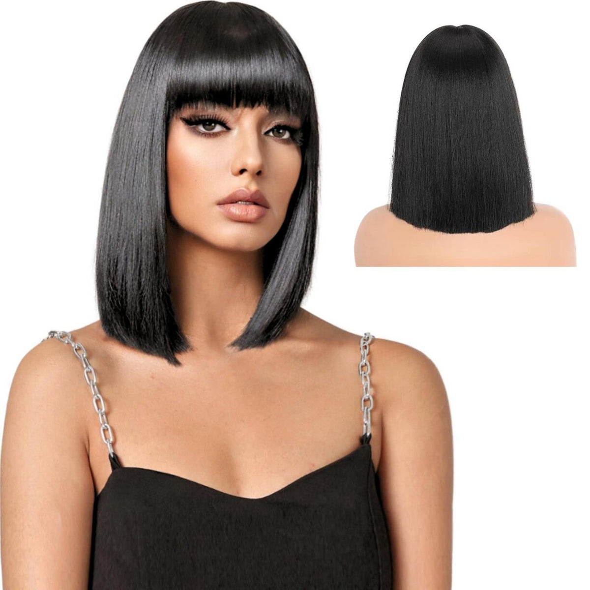 Schwarze Bob Perücke Damen 12 Zoll Gerade Pony Perücke
