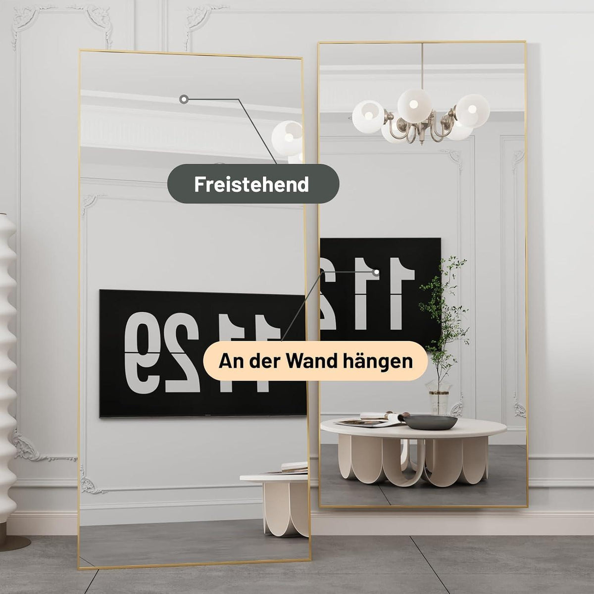 Ganzkörperspiegel Gold Metallrahmen 193x86cm – Stehend & Wandmontage