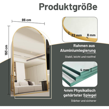 Ganzkörperspiegel Bogenförmig Gold | 193x86cm, Stehend & Wandmontage