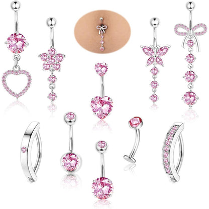 10er Set Bauchnabelpiercing Chirurgenstahl 14G Herz Blume Schmetterling Gold Silber