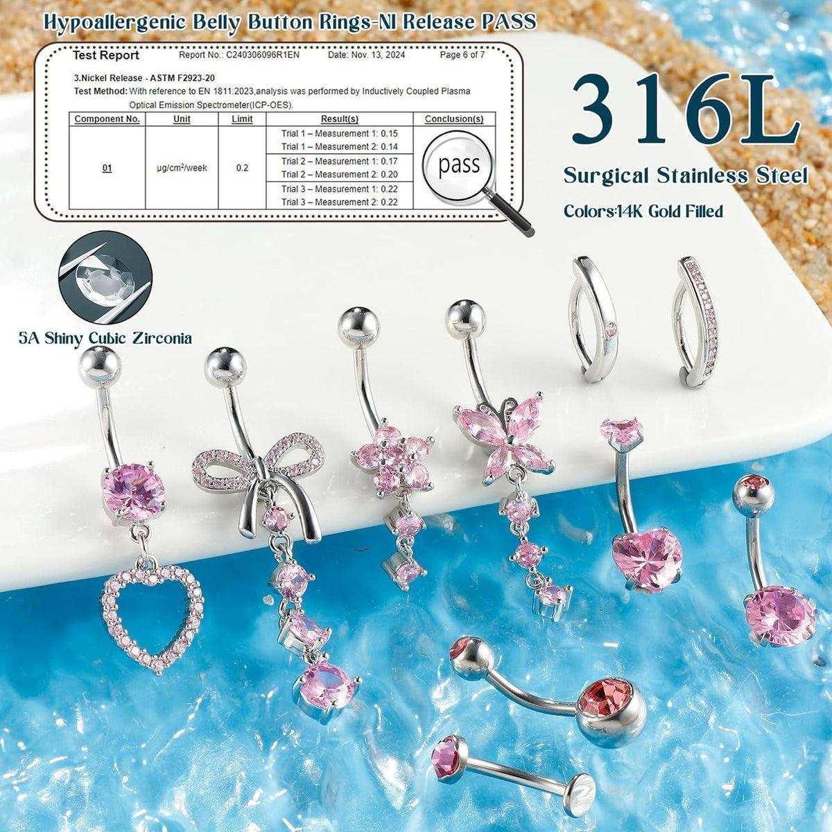 10er Set Bauchnabelpiercing Chirurgenstahl 14G Herz Blume Schmetterling Gold Silber