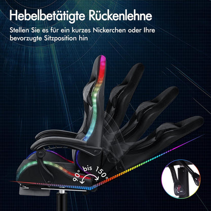 Gaming Stuhl LED Massage 150° Neigung Fußstütze höhenverstellbar Grau
