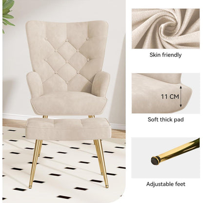 Eleganter Ohrensessel mit Hocker, Beige, bis 150 kg