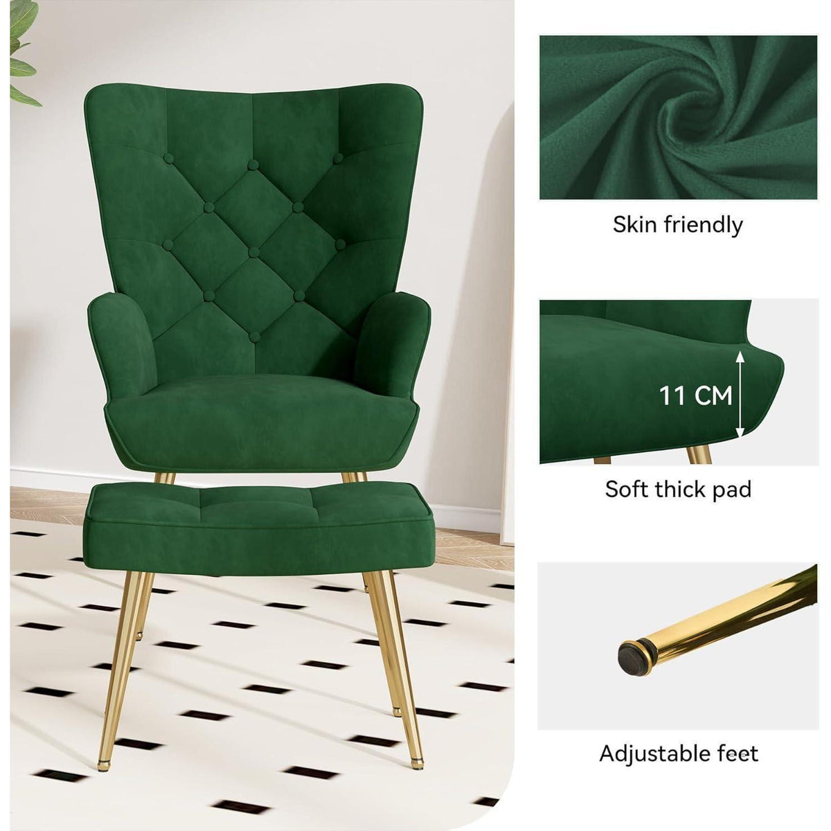 Eleganter Ohrensessel mit Hocker, Grün, Metallbeine