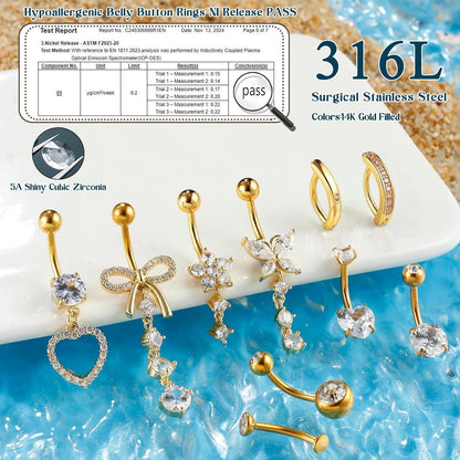 10er Set Bauchnabelpiercing Chirurgenstahl 14G Herz Blume Schmetterling Gold Silber