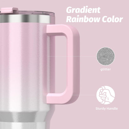 Thermosbecher 1182ml mit Griff und Strohhalm, Rosa Weiß Glänzend
