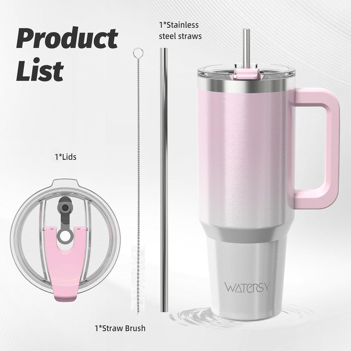 Thermosbecher 1182ml mit Griff und Strohhalm, Rosa Weiß Glänzend