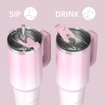 Thermosbecher 1182ml mit Griff und Strohhalm, Rosa Weiß Glänzend