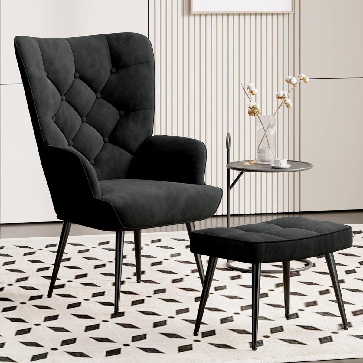 Eleganter Ohrensessel mit Hocker, Schwarz