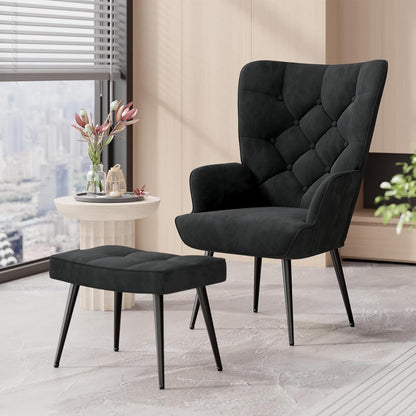 Eleganter Ohrensessel mit Hocker, Schwarz