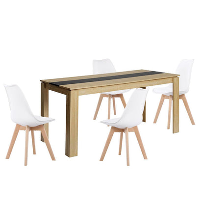 Essgruppe Eiche-Schwarz mit 4 weißen Esszimmerstühlen (160cm)