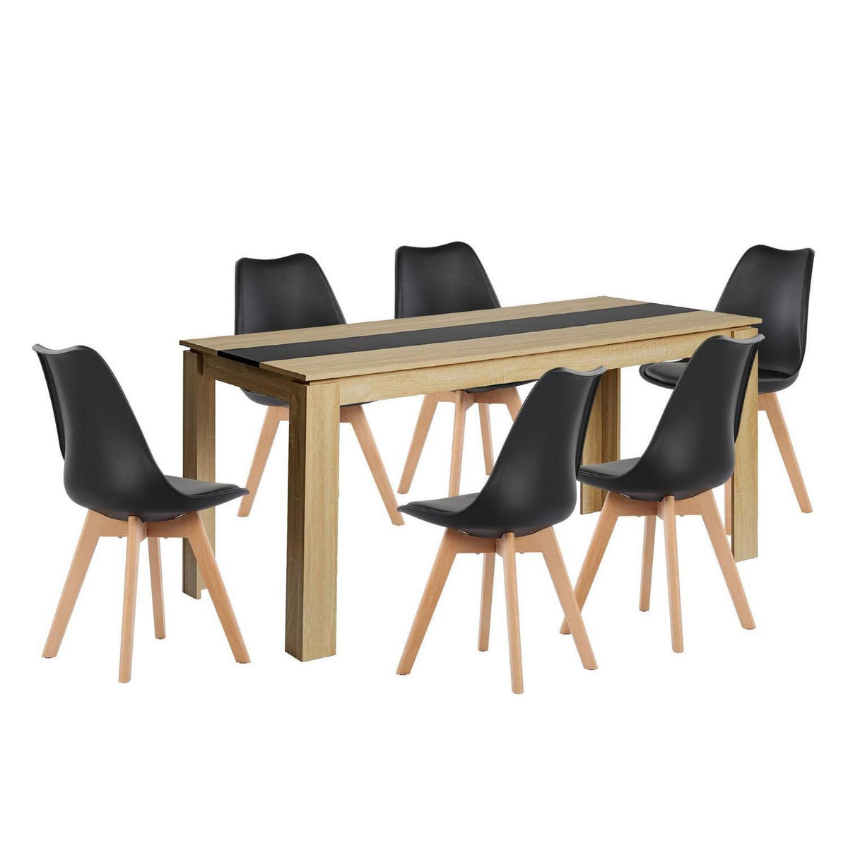 Essgruppe Esstisch 160cm Eiche & 6 Esszimmerstühle Schwarz