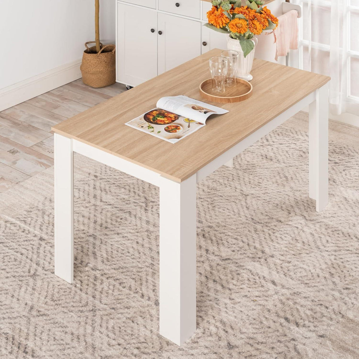 Essgruppe Eiche-Weiß mit 6 Grau Stühlen – Esszimmer Set 120cm