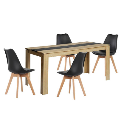 Essgruppe Eiche-Schwarz mit 4 Esszimmerstühlen (160cm)