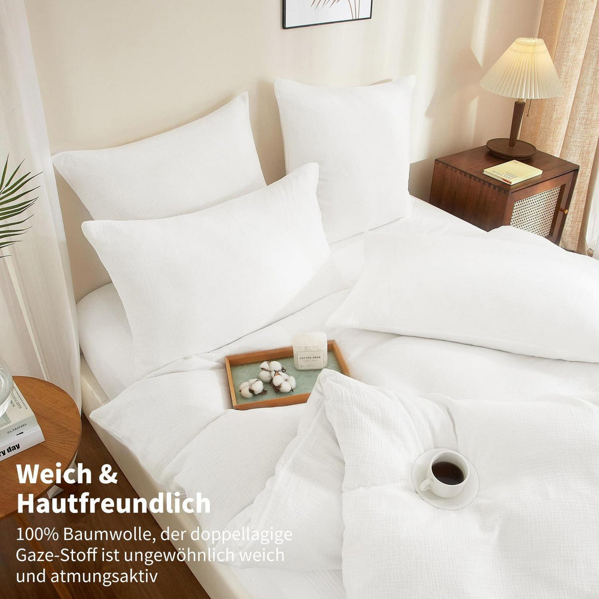 Doppelte Muslin Bettwäsche 200x200 Weiß – Weich & Atmungsaktiv