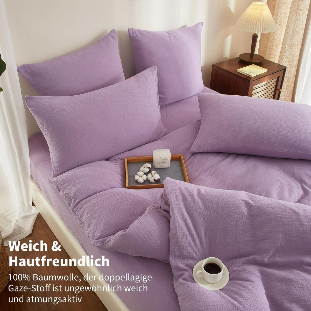 Doppelte Muslin Bettwäsche Lila 200x200 - 3-teilig, Baumwolle