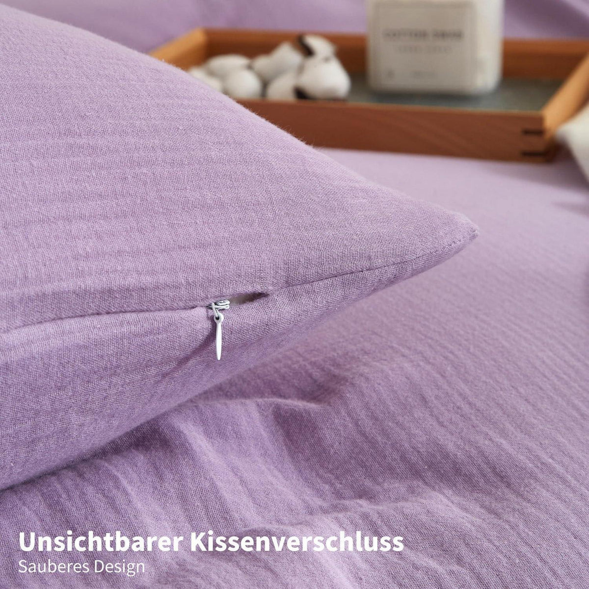Doppelte Muslin Bettwäsche Lila 200x220 - Weiche Baumwolle Bettwäsche Set