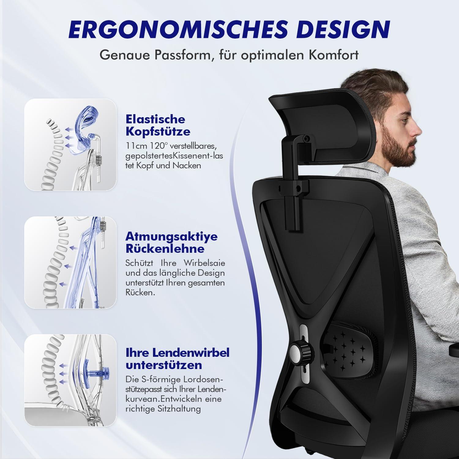 Ergonomischer Bürostuhl Verstellbare Armlehnen Lendenstütze