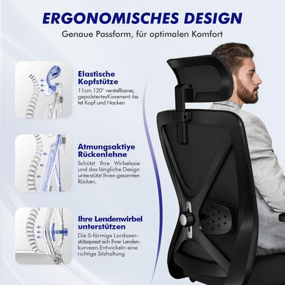 Ergonomischer Bürostuhl Verstellbare Armlehnen Lendenstütze